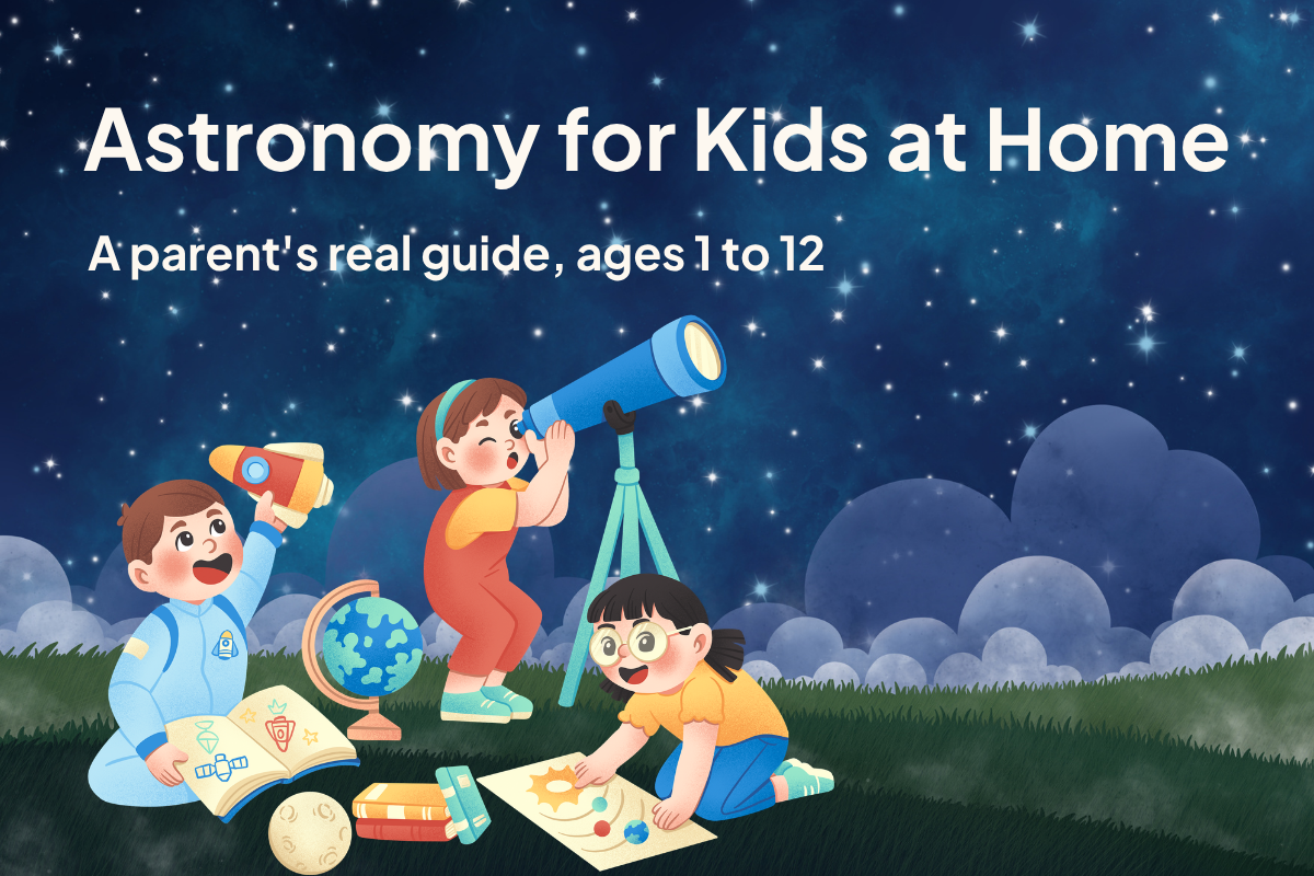 Astronomy for kids at home: a parent and child looking at the night sky together from their window.