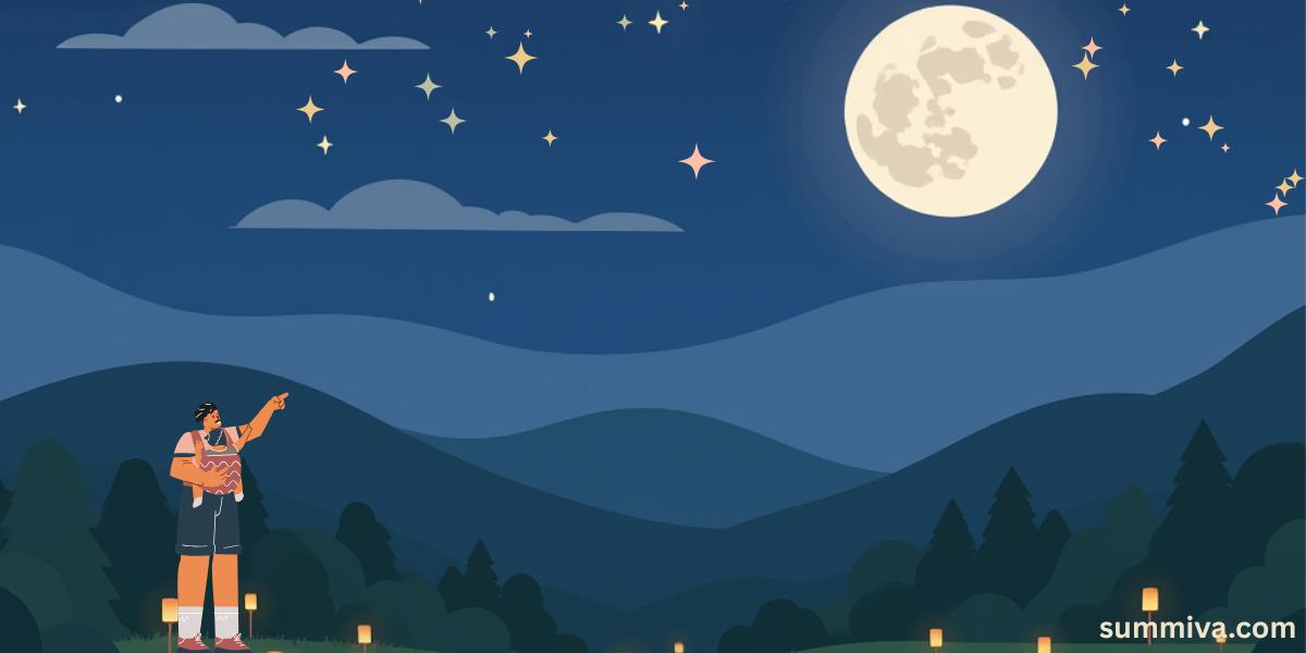 A parent holding a toddler in a sling, pointing at a full moon in the night sky over rolling hills, with stars scattered around them.