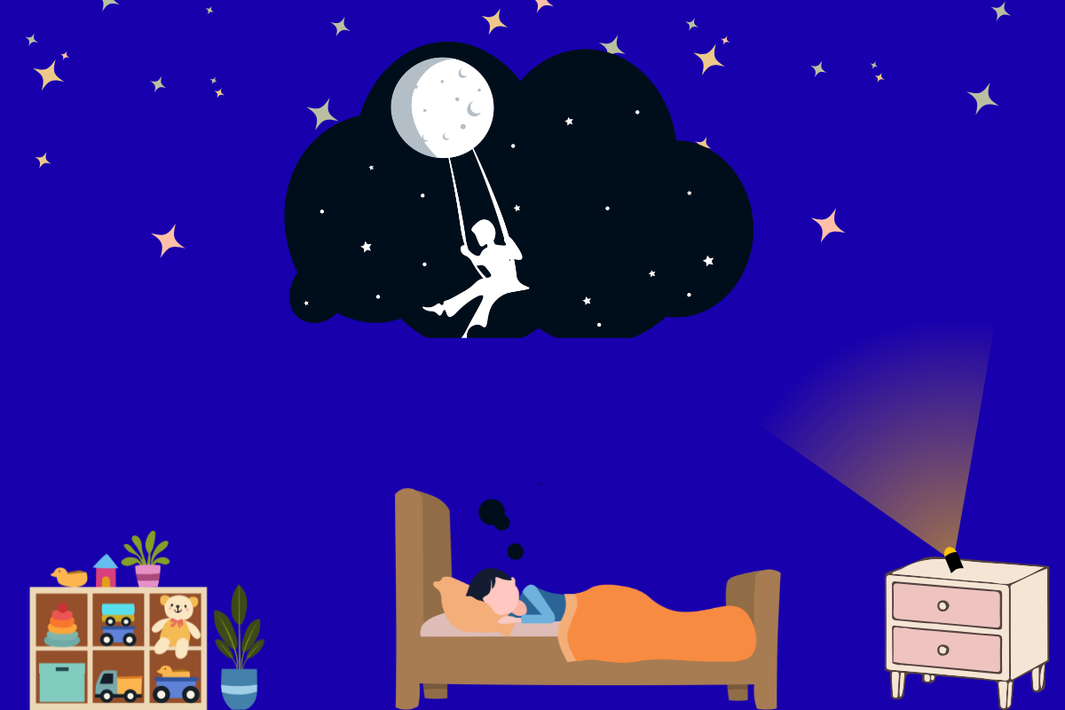 A toddler asleep in bed with a small sky projector on a bedside table casting stars on the ceiling and a dream cloud above showing a child swinging from a crescent moon.