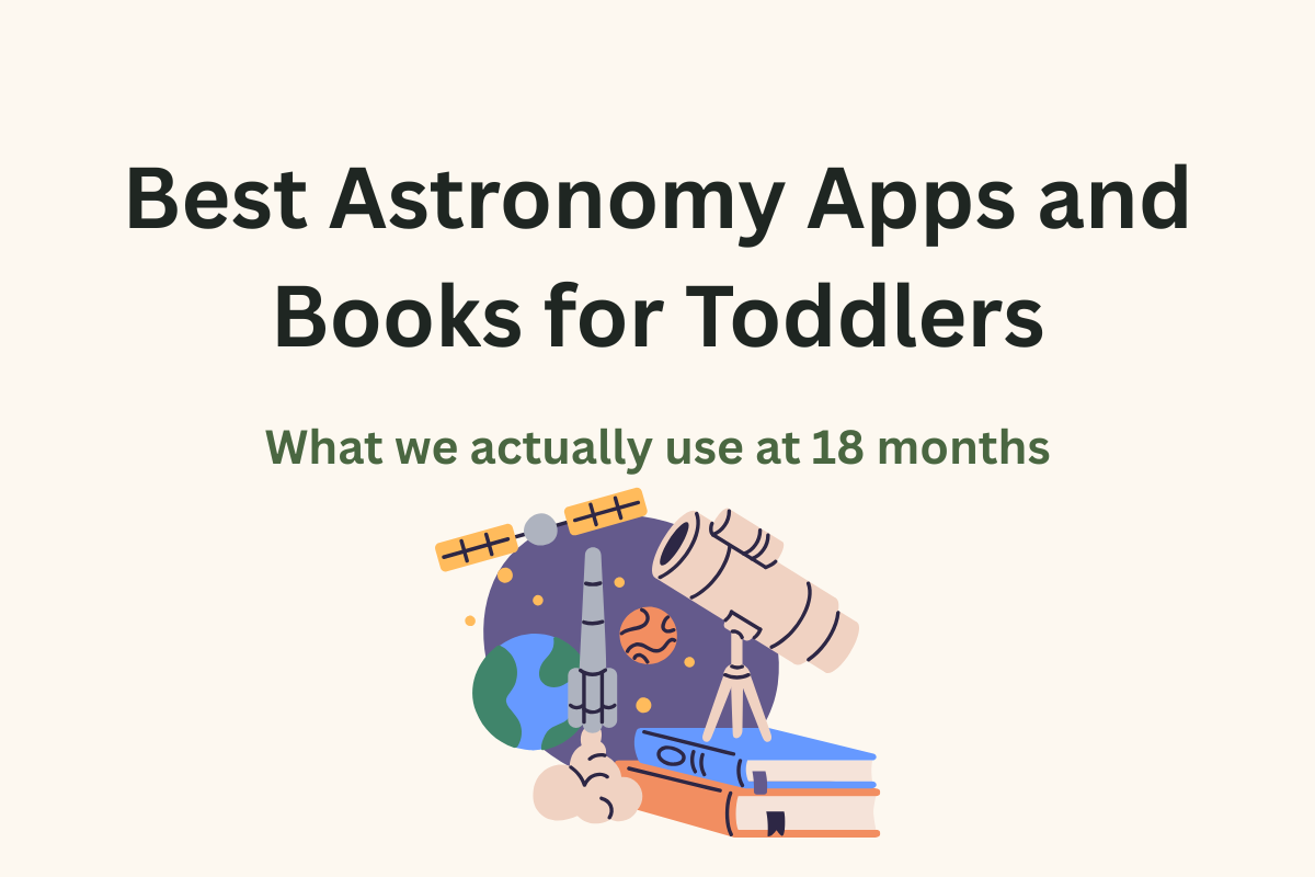 Best astronomy apps and books for toddlers: a phone showing a space app next to a stack of board books on a cream background.