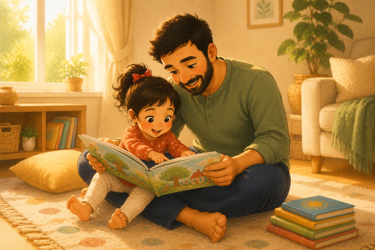 A small shelf of colourful board books beside a parent and toddler reading together on the floor.