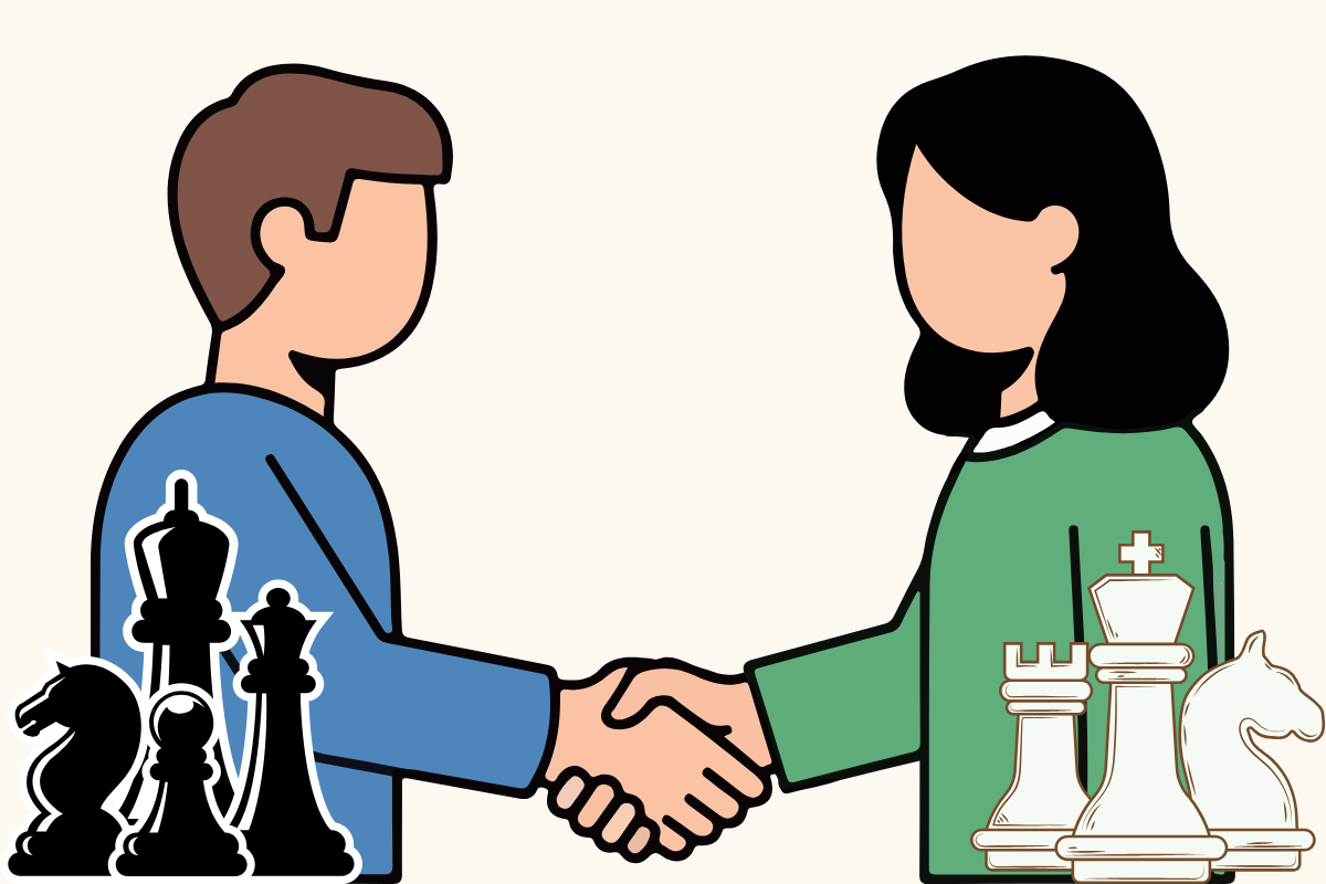 Two people shaking hands over black and white chess pieces.
