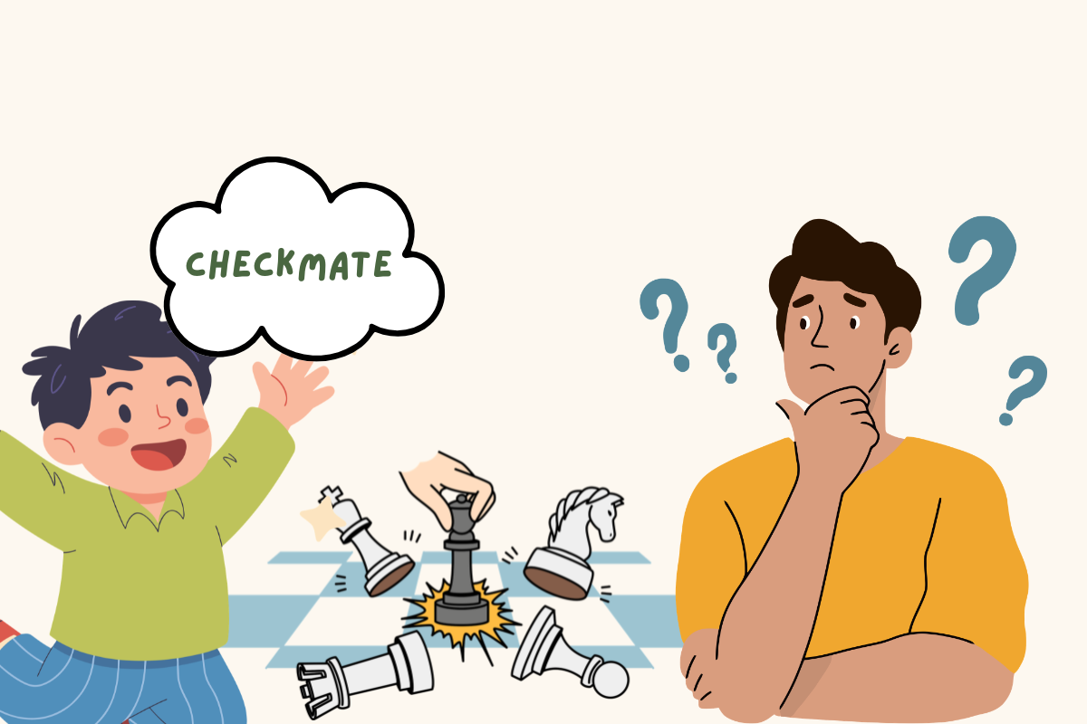 A child happily calling checkmate while an adult looks puzzled, with chess pieces between them.