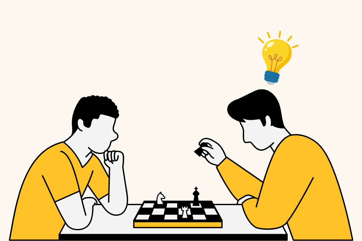 Two players at a chess board, one with a lightbulb above their head as they spot a move.
