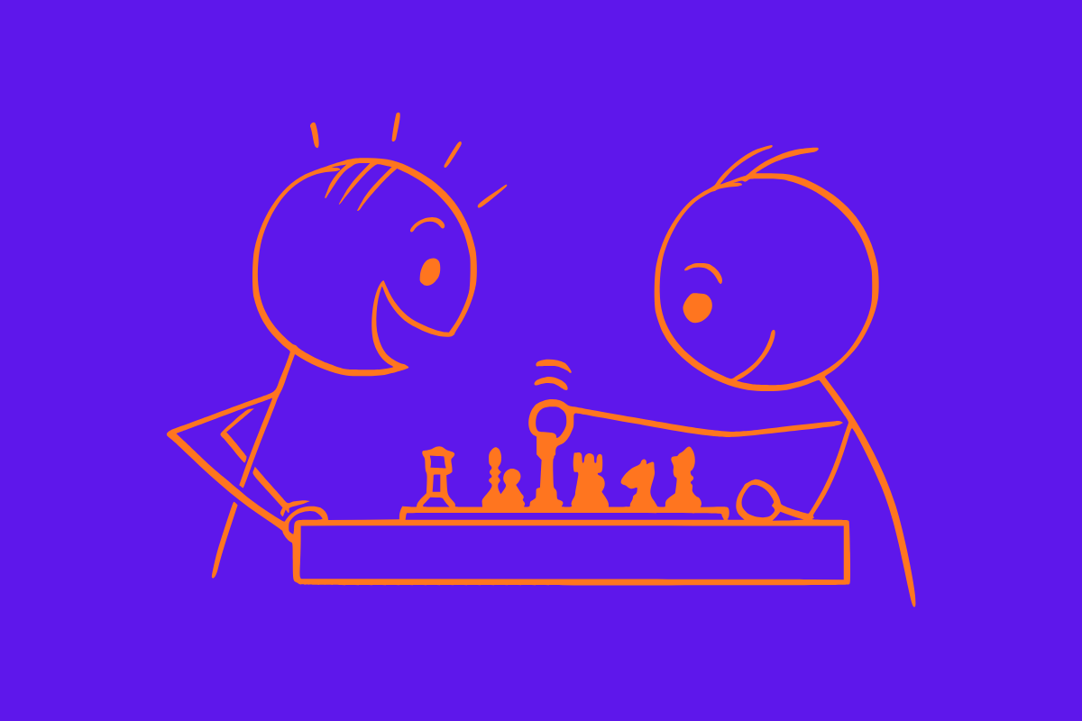 A line drawing of two people playing chess, one looking surprised, on a bold purple background.