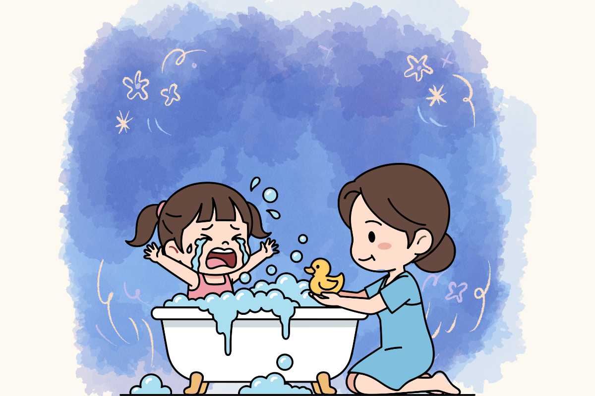 A parent gently holding a hesitant toddler at the edge of a pool, calm and unhurried.
