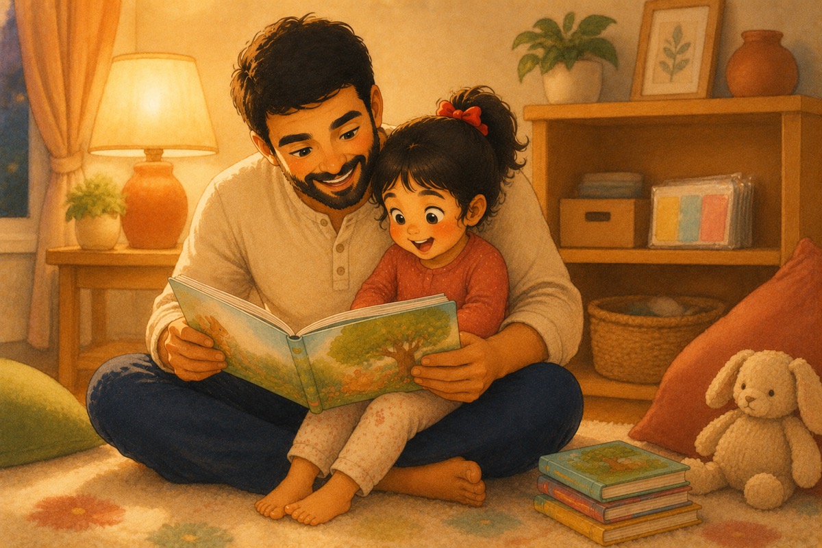 A toddler and parent reading a picture book together while a pack of flashcards sits unused on a shelf.