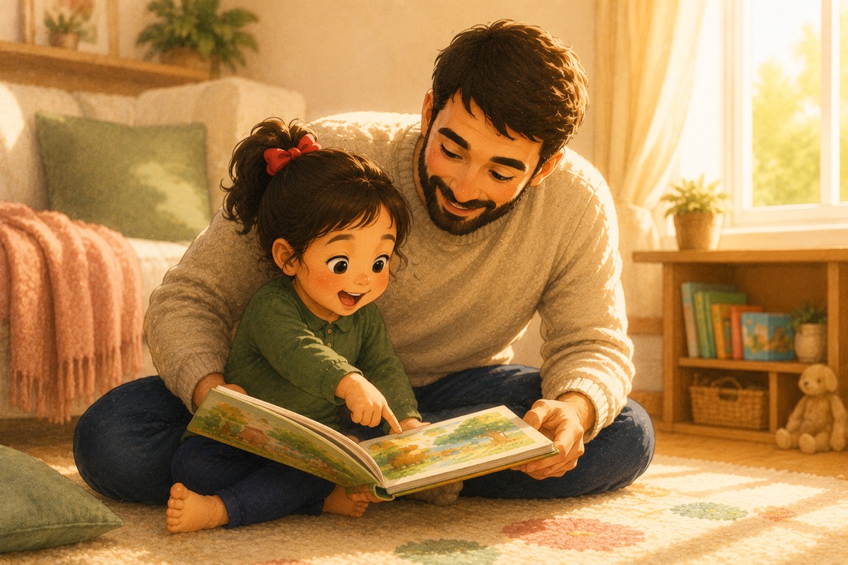 A parent and toddler pointing at the pictures in a board book together at home.