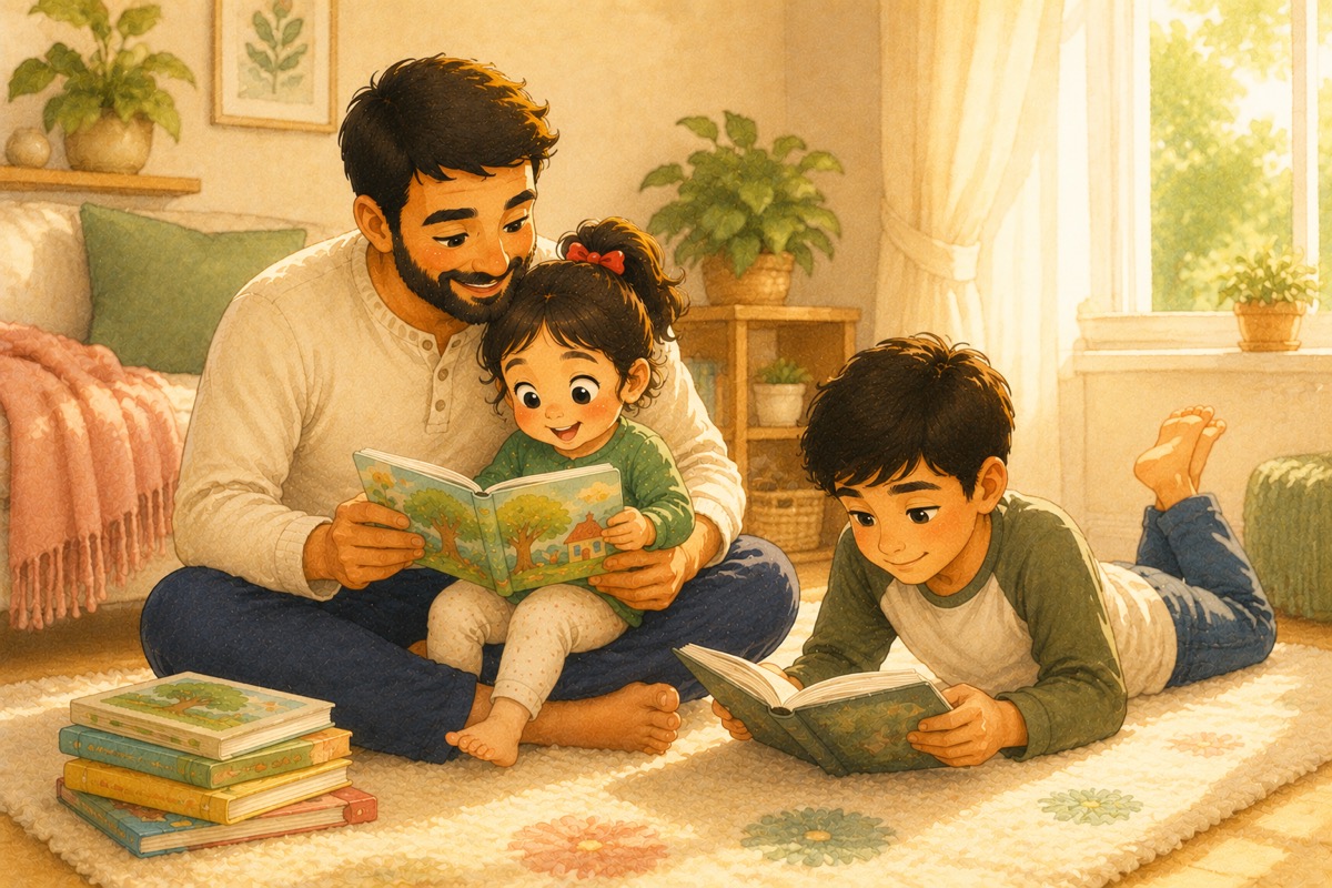 A parent reading with children of different ages around a small stack of books at home.