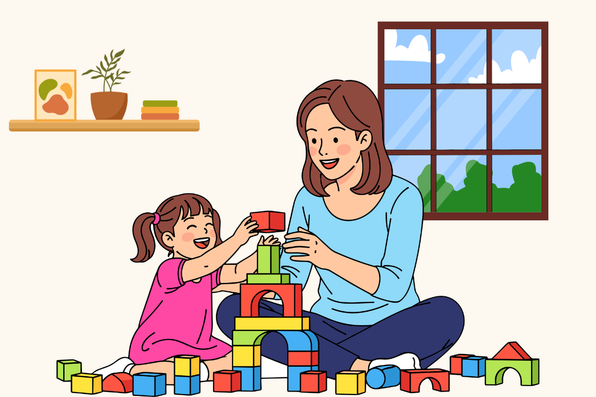 A parent and toddler singing and playing together at home, learning Spanish through songs and everyday play.