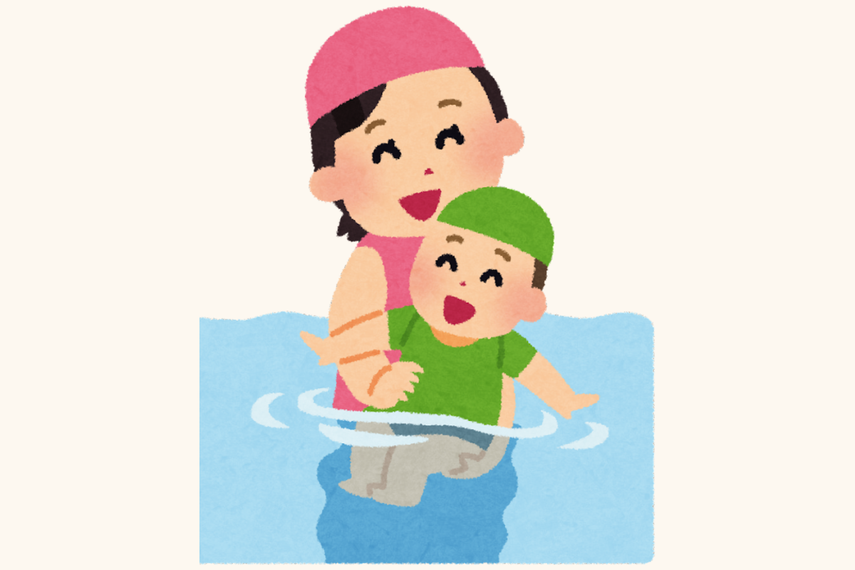 A parent bouncing a laughing toddler in a swimming pool, the child's face kept well above the water.