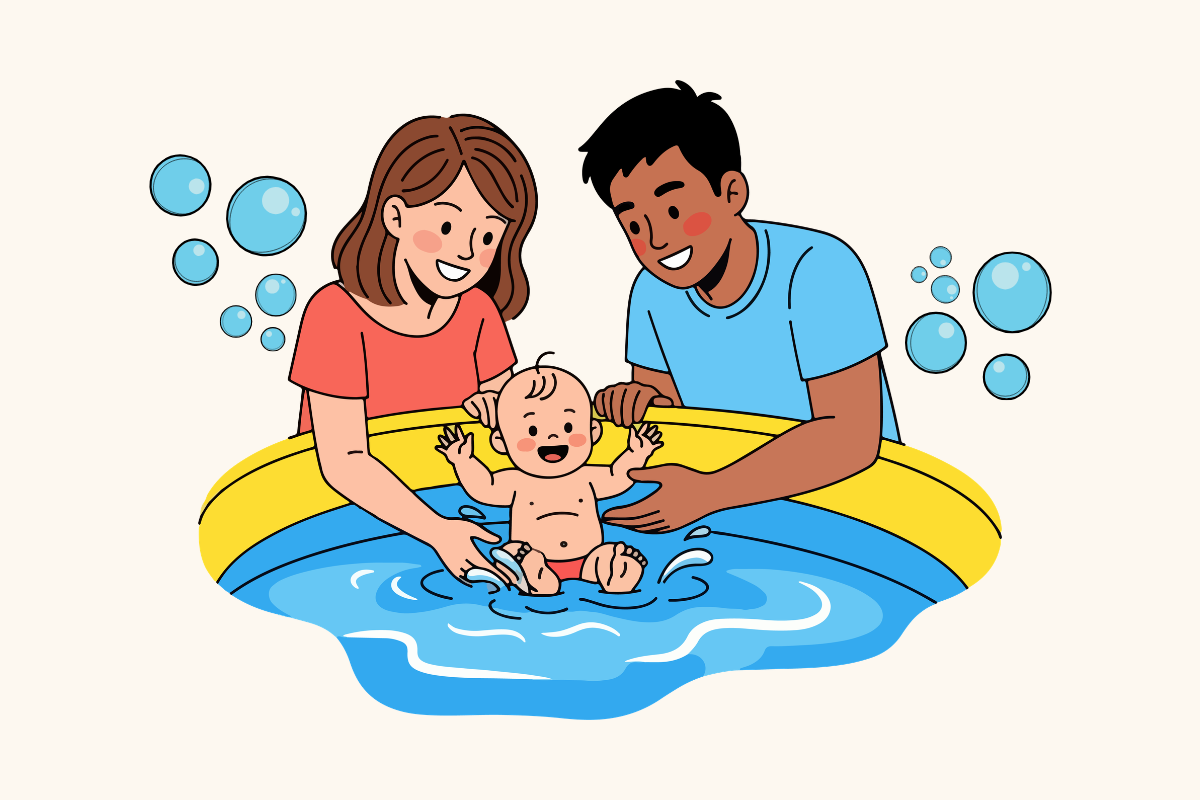 A parent and child in a pool together, the child relaxed and learning at their own pace.