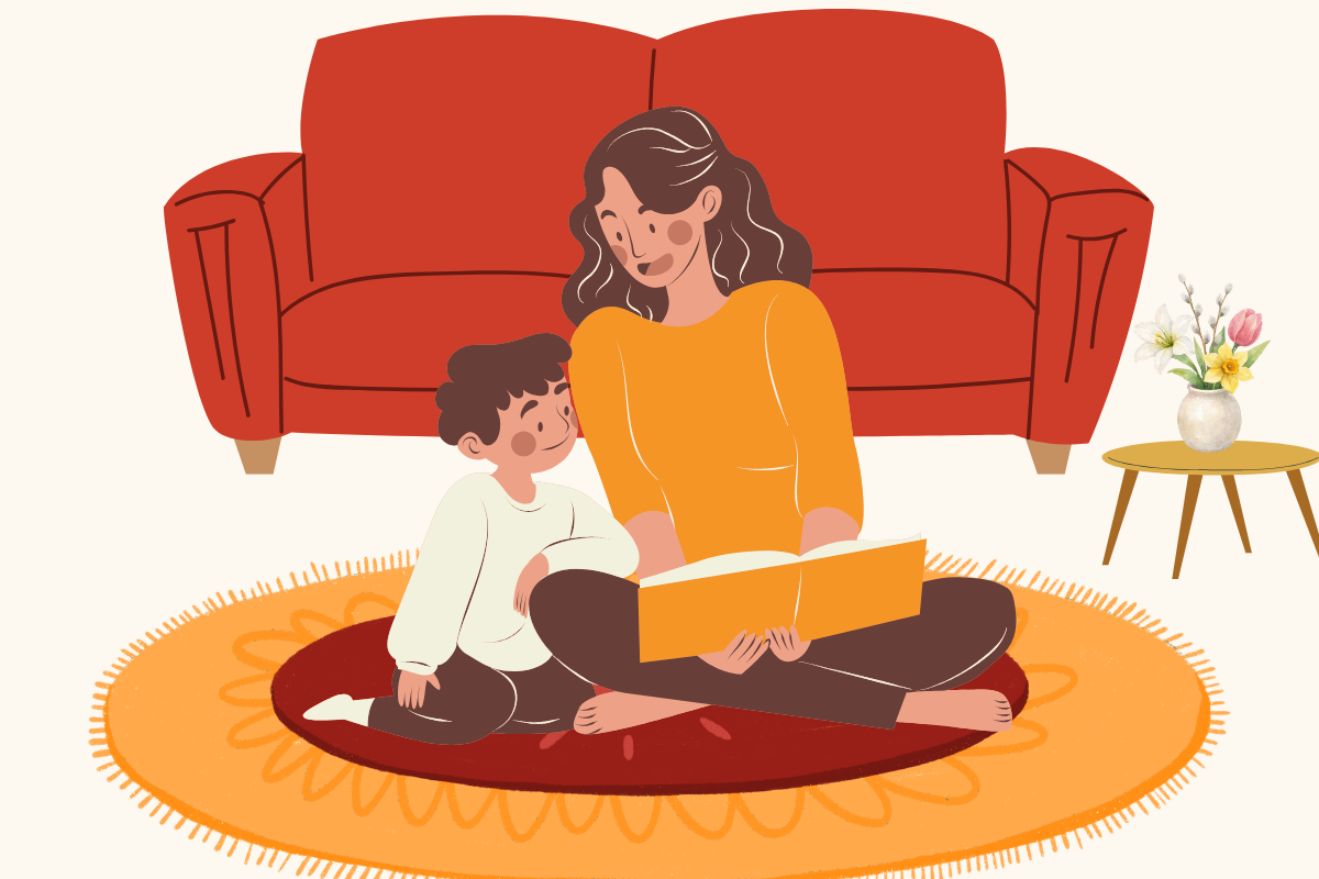 A parent and toddler reading a colorful Spanish picture book together at home.
