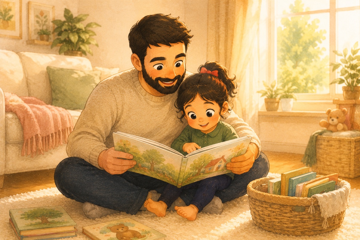 A parent and toddler sharing a picture book together on the floor at home.