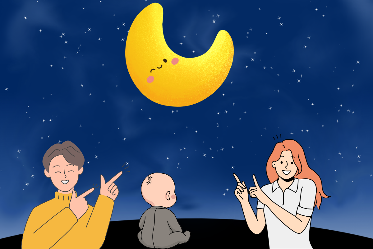 A family stands outdoors at night, two parents pointing up at a smiling crescent moon while the toddler between them looks up at it.