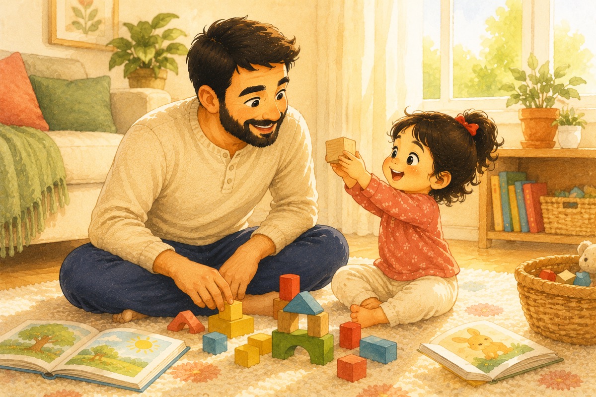 A toddler and parent playing with wooden letter blocks and a picture book on the floor at home.