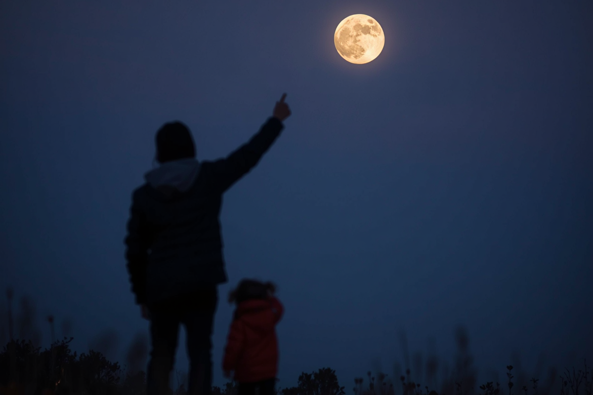 A toddler pointing at the night sky with a parent.