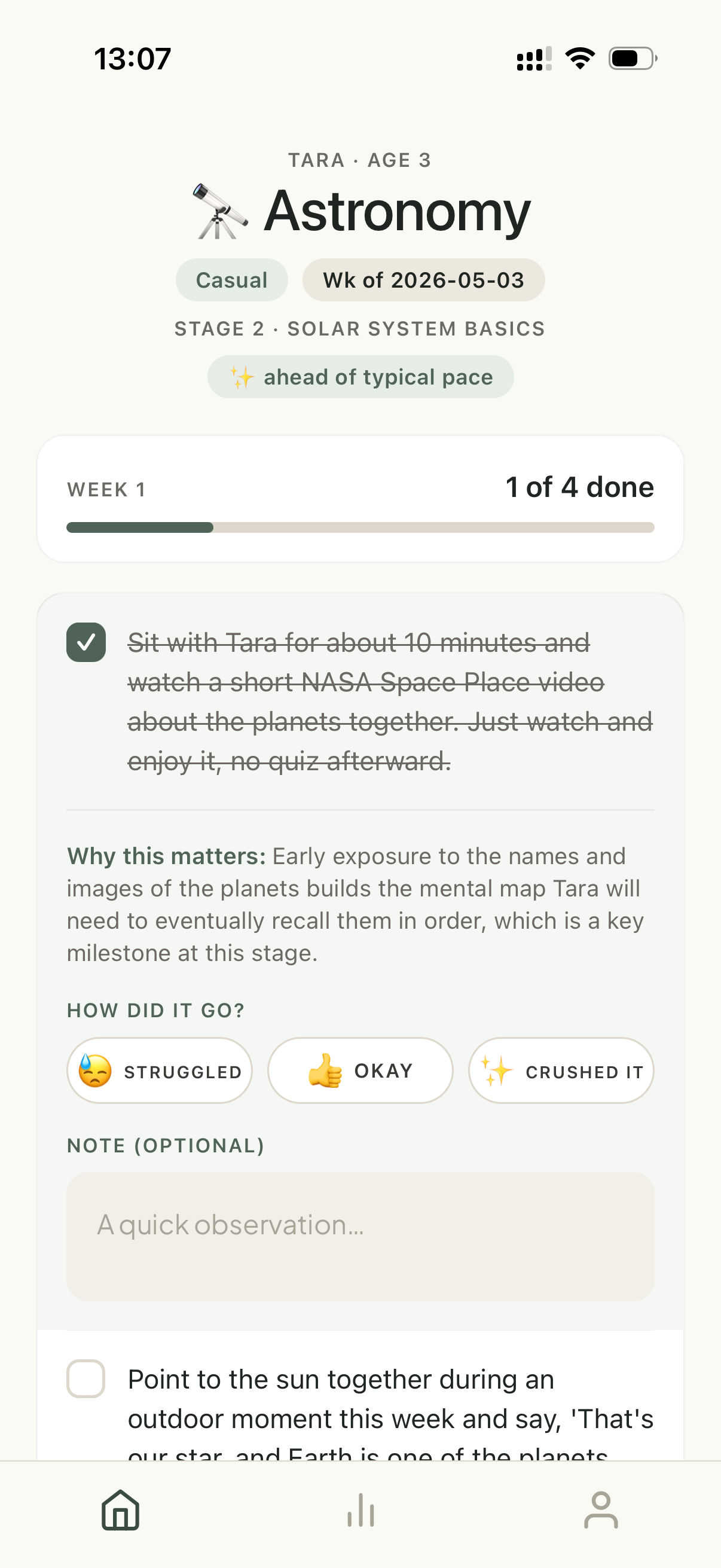 Summiva app showing a 3-year-old's astronomy week, one activity completed, with rate-how-it-went options visible